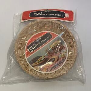 Vintage Set Of Four Rattan Wicker Plate Holders - 4 Still Sealed New In Package!